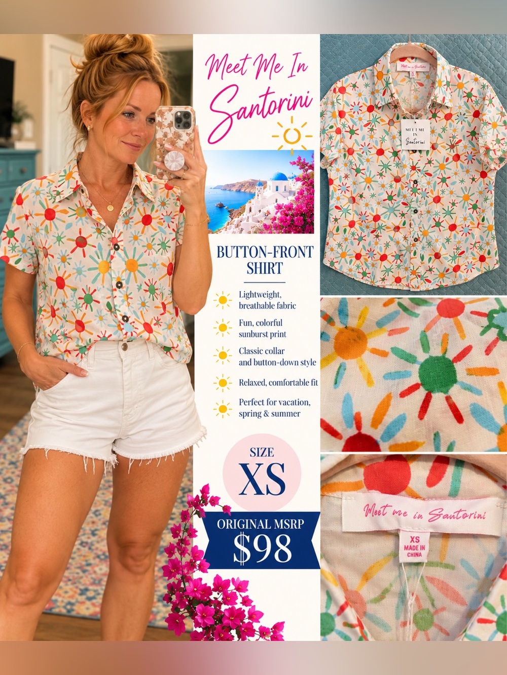 Meet Me in Santorini Sunburst Button-Down Shirt - White Multi